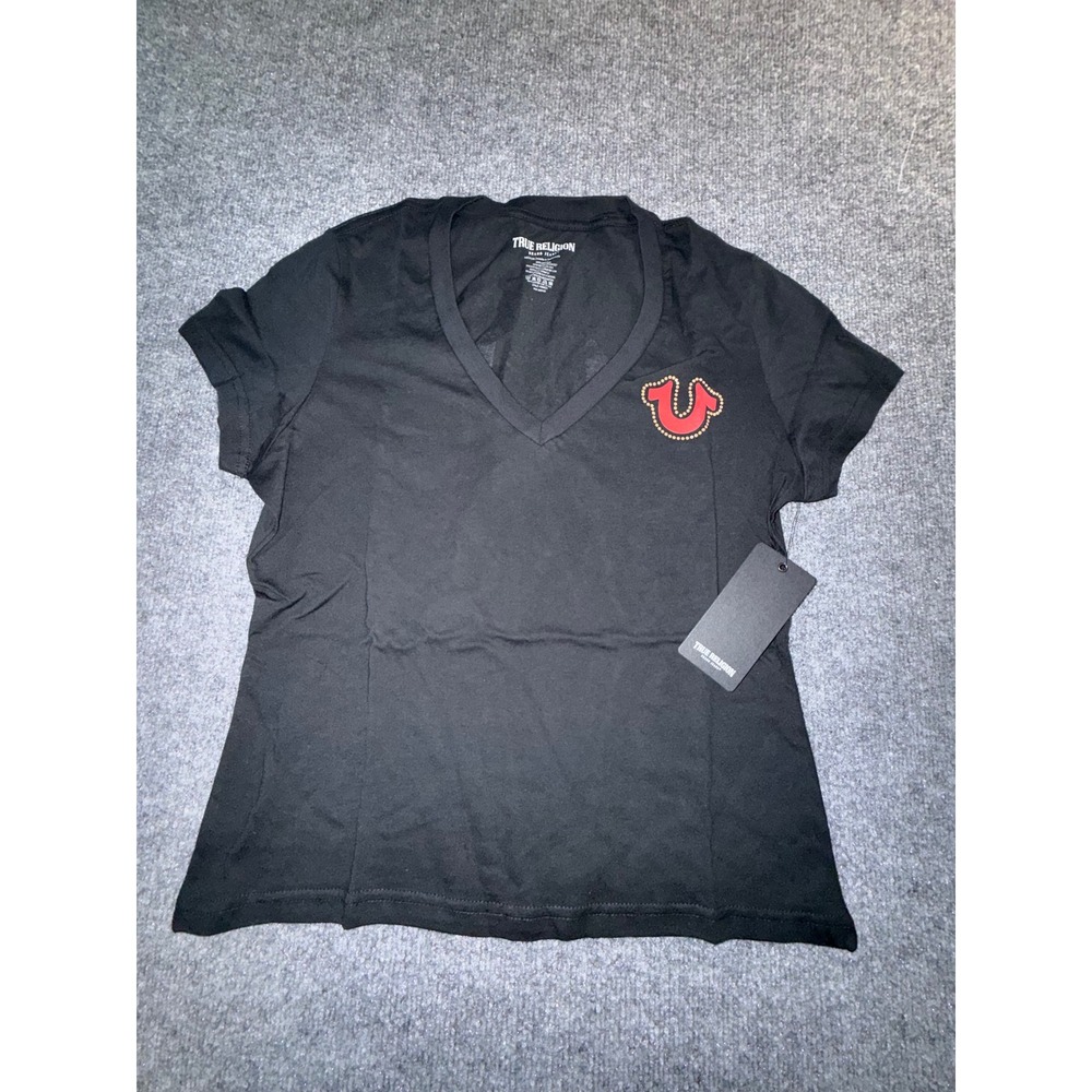 True Religion Womens Black V-Neck Studded Horseshoe Graphic T-Shirt NWT Medium